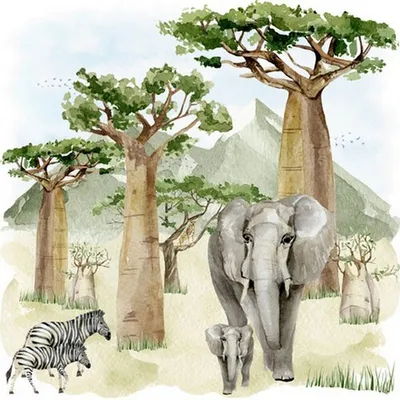 Produktbild von Servietten Papier 33x33cm 3-lagig Elefanten und Zebras 20 Stück