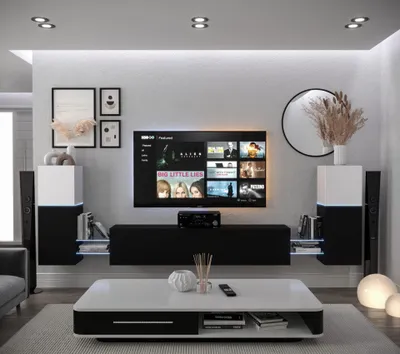Produktbild von Furnitech Wohnwand Wohnzimmer - Wohnzimmer Möbel mit LED Blau - Hängend Wohnwand Modern - Regale und TV Schrank (AN104-21WB-M6 1A)