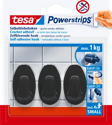 Produktbild von tesa Powerstrips Klebehaken Small Oval - 3 x selbstklebende Wandhaken, schwarz