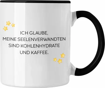 Produktbild von Trendation - Lustige Tasse mit Spruch für Frauen Männer Arbeit Büro Lustig Tassen Becher mit Sprüchen Kollegin Geschenk Sarkasmus Kohlenhydrathe und Kaffee (Schwarz)