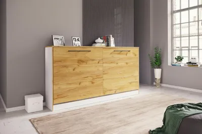 Immagine prodotto di Letto a scomparsa VCM  H. 114 x L. 213 x P. 43 cm, letto ribaltabile a muro orizzontale con rete a doghe 90x200 cm, letto a scomparsa, cassettiera Smalu