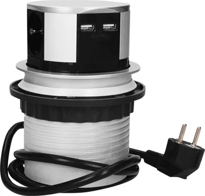 Produktbild von Tisch-Einbausteckdose Ø10cm, 4 fach, 2 USB 2,4A, silber- schwarz, versenkbar