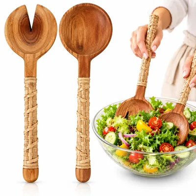 Imagen del producto de Juego de cubiertos para ensalada de madera de acacia, 30,5 cm, de 2 piezas: cuchara y tenedor para ensalada, utensilios para servir ensaladas, pastas y frutas