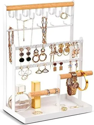 Produktbild von ProCase Schmuckständer Schmuckhalter für Ohrring Ohrstecker Ketten Schmuck Organizer Jewelry Ständer mit 15 Haken, 40 Löcher Ohrringhalter Schmuckaufbewahrung für Halsketten Armbänder Ringe -Weiß
