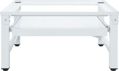 A white metal stand for a washing machine or dryer, with a pull-out shelf.