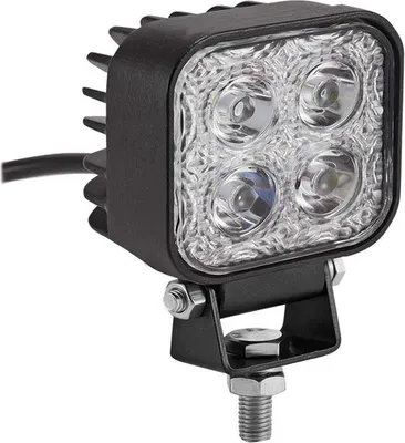 A single black LED work light with a metal bracket and bolt is shown against a white background.