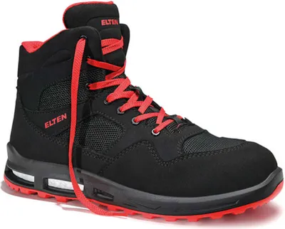A black and red work boot with red laces.