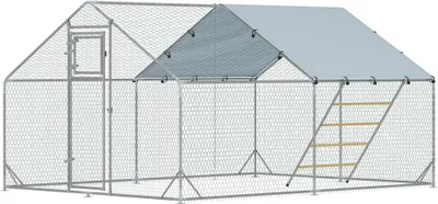 Produktbild von Hühnerstall, Freilaufgehege für Hühner, mit UV-beständiger Plane, Stahlgitter, Futterautomat, für 12-18 Hühner