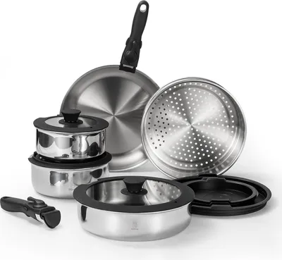 Produktbild von 18/10 Edelstahl Topfset 16-teilig mit Abnehmbaren Griffen und Dampfgarer - Geeignet für Alle Herdarten