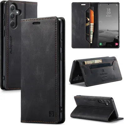 Produktbild von Galaxy A35 Hülle, Retro Kunstledertasche Stand Schutzhülle für Samsung Galaxy A35 Schwarz