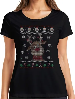 Produktbild von Süßes Rentier - Ugly Christmas Sweater Weihnachten Damen T-Shirt, Schwarz, XL