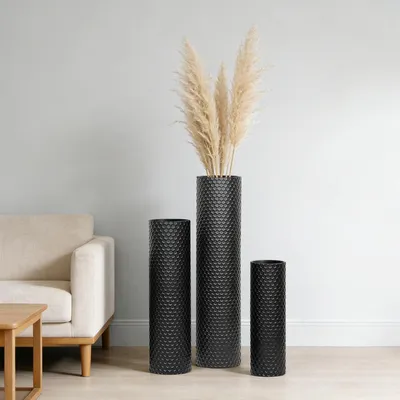 Productafbeelding van Vloervazen set van 3 - Zwarte metalen vazen - Hoge vazen 70/55/40 cm - Moderne textuur