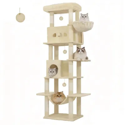 Image de Arbre à chat pour grands chats - Arbre à chat XL - 210 cm de haut - 8 poteaux à griffer en chanvre - 4 niveaux avec 2 niches et un hamac - Surface de repos lavable et balles en peluche - Beige