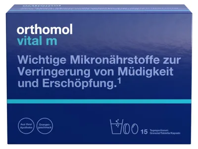 Produktbild von Orthomol Vital m für Männer - bei Müdigkeit - mit B-Vitaminen und Omega-3-Fettsäuren - Orangen-Geschmack - Granulat/Tabletten/Kapseln, 15 St. Tagesportionen