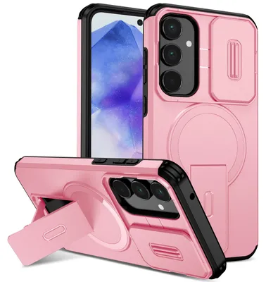 Obrázek produktu pro Magnetické pouzdro pro Samsung Galaxy A55, dvouvrstvé odolné pouzdro s posuvnou ochranou fotoaparátu a nastavitelným stojánkem Růžová
