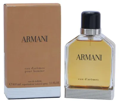 Männlicher Duft Armani Eau d’Arômes in transparentem Flakon mit schwarzem Deckel, präsentiert neben schlichter, brauner Verpackung mit Silberdetails.