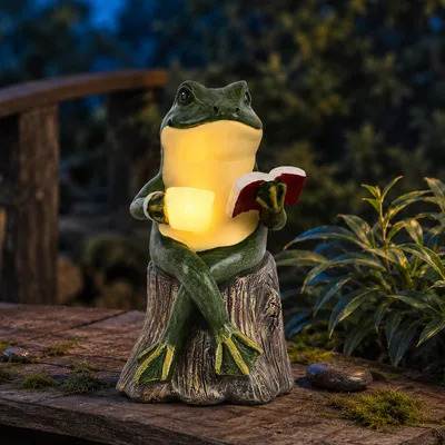 Solar-Lese-Frosch Gartendeko mit LED-Becherlicht, 7,1x7,1x12,4 cm