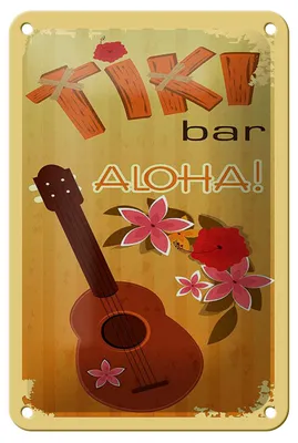 Zdjęcie produktu dla Tabliczka reklamowa z blachy 12 x 18 cm – Tiki Bar, Aloha, gitara, tabliczka dekoracyjna