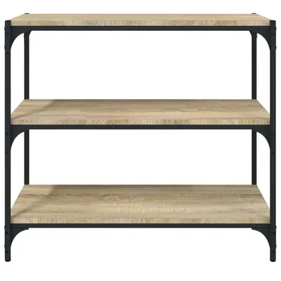 A three-shelf bookcase with a wood-grain finish and black metal frame, shown against a white background.