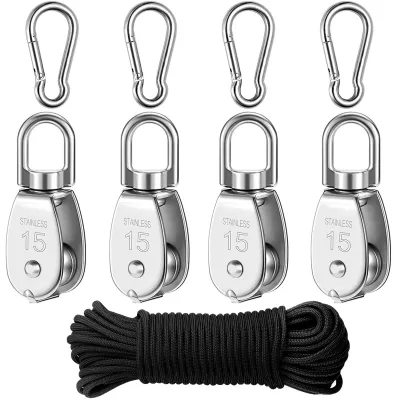 Image de Poulies en acier inoxydable, lot de 4, avec corde et mousqueton