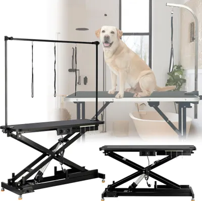 Immagine prodotto di Tavolo da toelettatura per cani veterinario con tre guinzagli su un braccio regolabile, piano antiscivolo con attuatore elettrico.