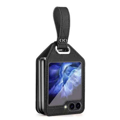 Produktbild von Für Samsung Galaxy Z Flip7 FE / Flip6 5G Electroplating PC Hybrid PolyurethanLeather Handy Hülle mit Armband Schwarz