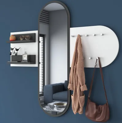 A hallway or entryway with a mirror, shelves, and a coat rack.