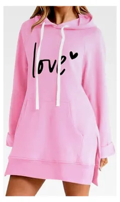 Produktbild von Oversized Sweatkleid für Damen mit Kapuze, einfarbig, langärmelig, mit seitlichen Schlitzen und Taschen, geeignet für den Herbst und Winter