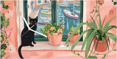Produktbild von Wanduhr aus Glas mit Motiv Katze am Fenster- 60 x 30 cm - inkl. Aufhängesystem