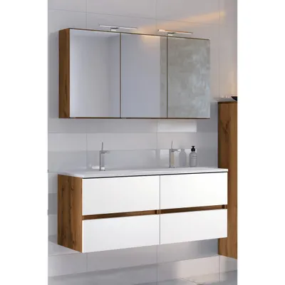 Produktbild von Doppelwaschplatz Badmöbel Set 120 cm inkl. Mineralgussbecken und LED-Beleuchtung LOUROSA-03 in Wotaneiche Nb. mit matt weiß, B/H/T: ca. 120/200/47 cm