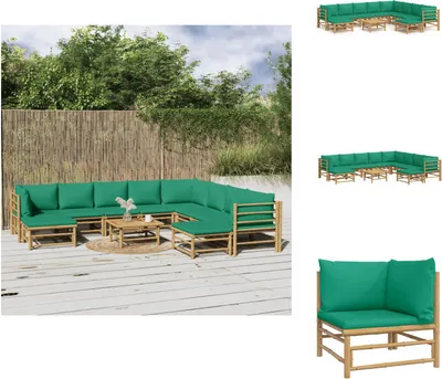 Produktbild von vidaXL 11-tlg. Garten-Lounge-Set mit Grünen Kissen Bambus -  Gartenmöbel-Sets