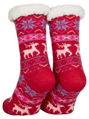 Teddy-Plüschfutter - Haussocken Norweger-Look Bettsocken - Dicke Stoppersocken Rutschfeste Hausschuh-Ersatz Socken Cosyshoes Deer Rot