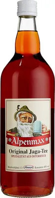 A bottle of Alpenmax Jaga-Tee with a label featuring an illustration of an old man.