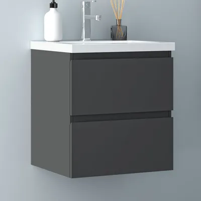 Produktbild von 50 cm Badmöbel Set Unterschrank 2 Schubladen soft close Badezimmermöbel Selbstmontierter mit Weiß Mineralguss waschtisch Unterschrank mit Anthrazit Matt