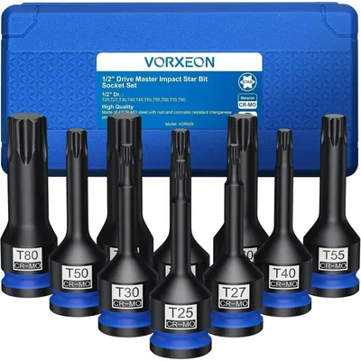 Productafbeelding van Torx bit doosset, 1/2" aandrijving, 10 stuks, T25-T80, 42CRMO staal, met opbergbox