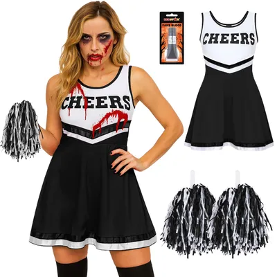 Zombie Cheerleader Kostüm Damen, Schwarz, Gr. L, mit Pompons & Blut