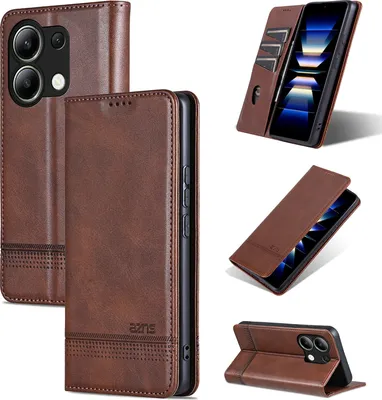 Produktbild von Leder Hülle für Xiaomi Redmi Note 13 4G, Klapphüllen Brieftasche Magnetverschluss Ständer Schutzhülle Kaffee