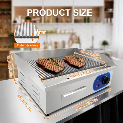 Imagen del producto de Plancha eléctrica, 3000 W, para uso comercial, plancha con superficie estriada, placa caliente, parrilla eléctrica, parrilla de mesa, superficie con relieve, barbacoa