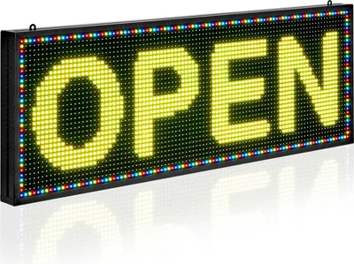 A digital LED sign displaying the word "OPEN" in yellow text against a black background, with a border of colored LEDs.