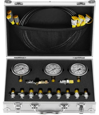 Obrázek produktu pro Sada pro testování hydraulického tlaku VEVOR, 250 / 400 / 600 barů, 3 měřicí přístroje, 11 zkušebních spojek, 3 zkušební hadice, sada měřicích přístrojů pro testování hydrauliky bagrů s přenosným kufříkem pro bagry, traktory, stavební stroje