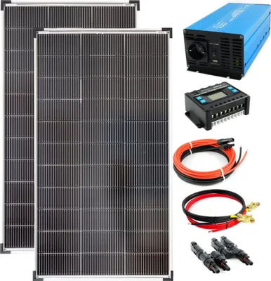 Produktbild von Komplettset 2x120 Watt Solarmodul 1070x585 1000 Watt TS1000 Spannungswandler 20A Laderegler