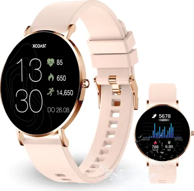A rose gold and pink smartwatch is displayed with a smaller inset image of another smartwatch.