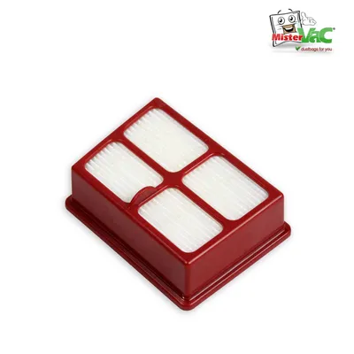 A red vacuum cleaner filter with white filter material is shown against a white background. A logo for 'MisterVac' is in the top right corner.