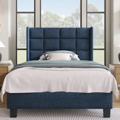 Produktbild von Polsterbett Mit seinem gepolstertes Kopfteil Einzelbett mit Lattenrost, 90x200cm ,in Blau Leinen(Ohne Matratze)