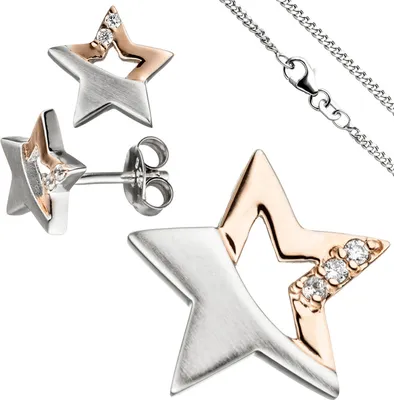 Produktbild von Kinder Schmuck-Set Stern 925 Silber teil rotvergoldet Zirkonia mit Kette 42cm
