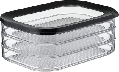 A three-tiered clear plastic food storage container with a black lid, shown from a slightly elevated side angle against a white background.