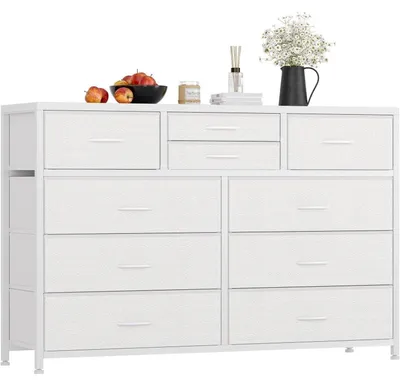 Productafbeelding van Stoffen commode met 10 lades, stalen frame, houten blad, wit