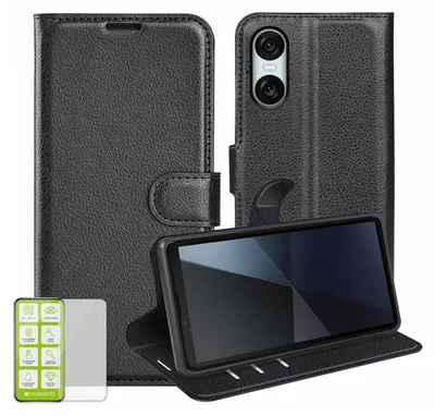 Obrázek produktu pro Pro Sony Xperia 10 VI mobilní telefon pouzdro černé pouzdro umělá kůže pouzdro + H9 tvrdé sklo