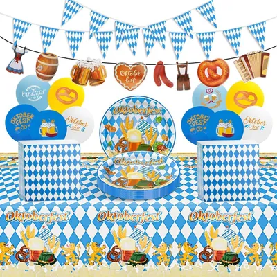 Immagine prodotto di Set di decorazioni per l'  per 20 persone: piatti di carta, tovaglioli, palloncini, ghirlanda di bandierine, striscione, tovaglia