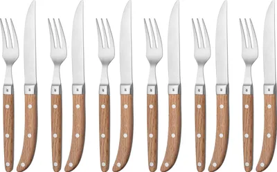 Produktbild von WMF Ranch Steakbesteck 12-teilig, für 6 Personen, Steakgabel, Steakmesser, Spezialklingenstahl geschmiedet, Cromargan Edelstahl mattiert, Eichenholz geölt
